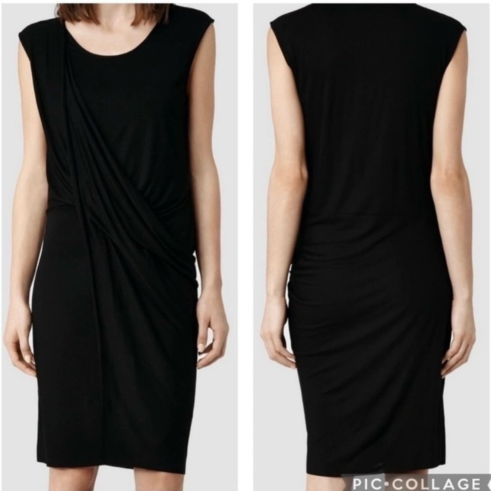 All Saints Black Knit Bodycon Sleeveless Drape Front Knee Length Amelia Dress 6